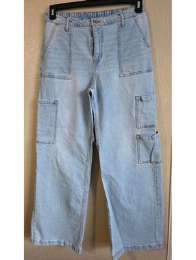 No Boundaries Light Wash Denim Carpenter Jeans with Elastic Waist, Size M (8-10)